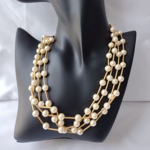 Vintage Multi Strand Faux Pearl with Gold Links Necklace